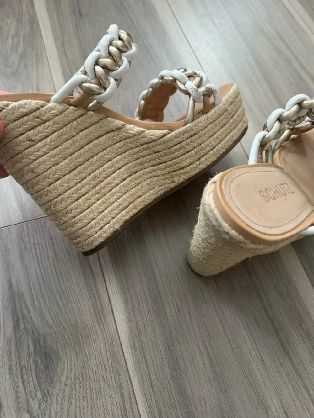 SCHUTZ White and Gold Braided Espadrille Wedge Sandals